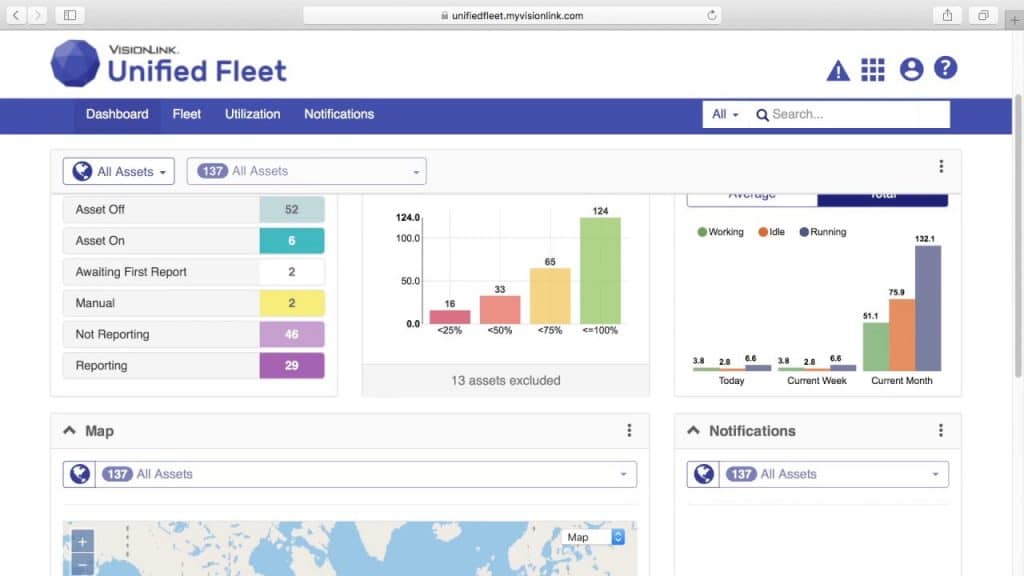 Unified Fleet – Dashboard: JD Edwards Orchestration behaves as a “digital thread” and in turn connects the real-time data captured by the “digital twin. Since most construction companies have more than one brand of construction equipment in their fleet, VisionLink Unified Fleet has been designed to work with all equipment brands. Contact your dealer to discuss how you can have that information shown all in one place, right here in VisionLink Unified Fleet.” based on LOADRITE Trimble integration